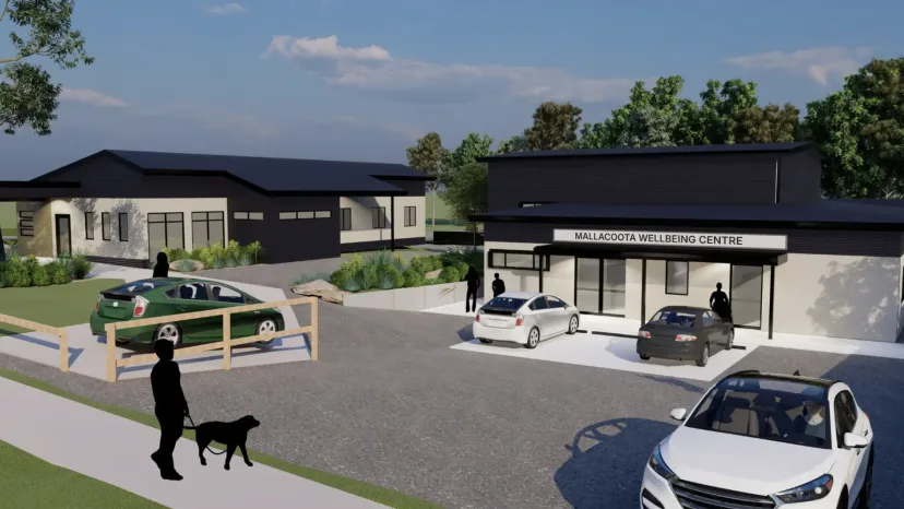 An artist's impression of the Mallacoota Wellbeing Centre from the street, with its sign above the entrance.